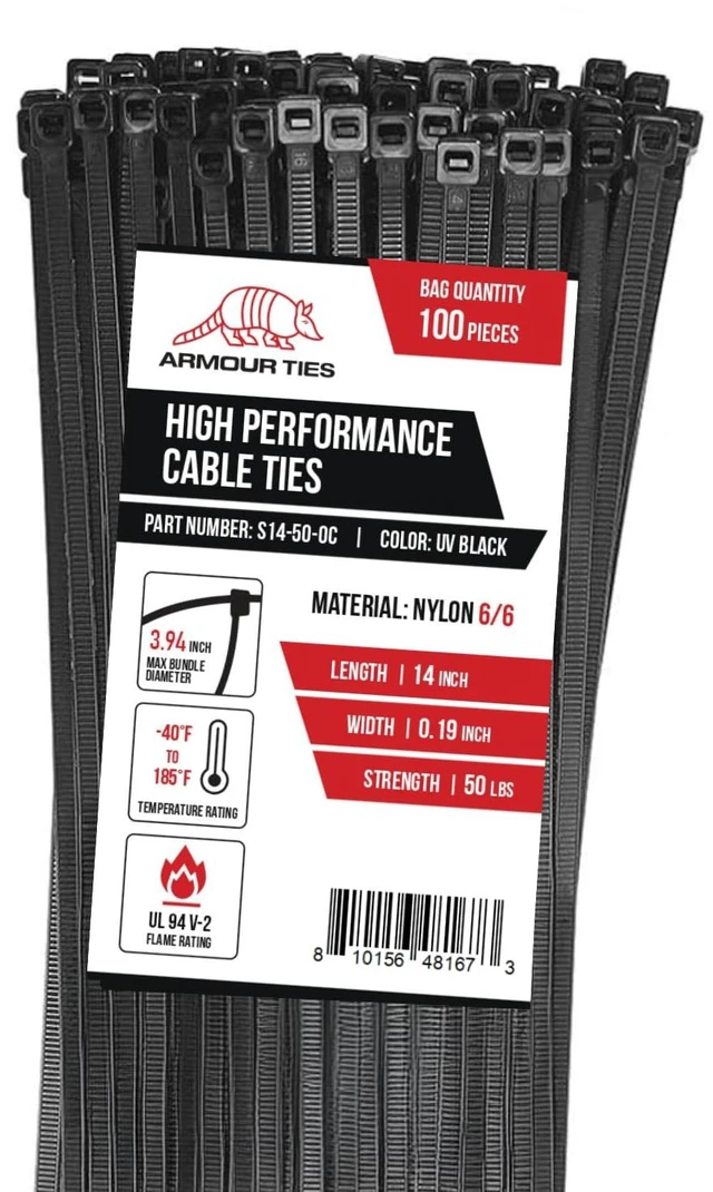 Main image of 14 Inch Black Zip Ties, 50 lb Tensile Strength, 100-Pack Professional-Grade Nylon Cable Ties, Weather Resistant for Indoor Outdoor, for Electrical, Automotive, Home DIY, Self-Locking