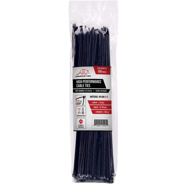 Alt view image 6 of 7 - 14 Inch Black Zip Ties, 50 lb Tensile Strength, 100-Pack Professional-Grade Nylon Cable Ties, Weather Resistant for Indoor Outdoor, for Electrical, Automotive, Home DIY, Self-Locking