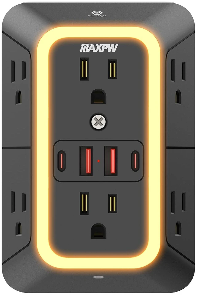 Main image of Outlet Extender, Surge Protector, 3-Sided Night Light Power Strip,ETL 6 AC Outlets, 4 USB (2 USB-C), Dusk to Dawn Sensor, Wide Spaced Multi Plug Outlet, 1050J, 1875W, for Home Office Dorm, Black