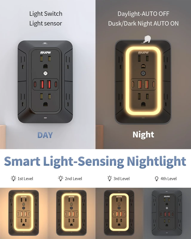 Alt view image 2 of 7 - Outlet Extender, Surge Protector, 3-Sided Night Light Power Strip,ETL 6 AC Outlets, 4 USB (2 USB-C), Dusk to Dawn Sensor, Wide Spaced Multi Plug Outlet, 1050J, 1875W, for Home Office Dorm, Black
