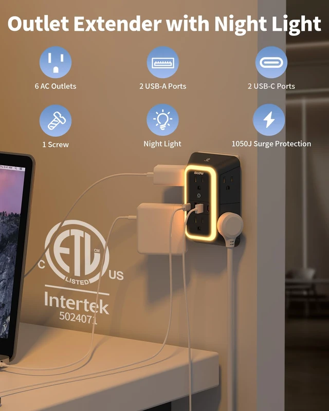 Alt view image 3 of 7 - Outlet Extender, Surge Protector, 3-Sided Night Light Power Strip,ETL 6 AC Outlets, 4 USB (2 USB-C), Dusk to Dawn Sensor, Wide Spaced Multi Plug Outlet, 1050J, 1875W, for Home Office Dorm, Black