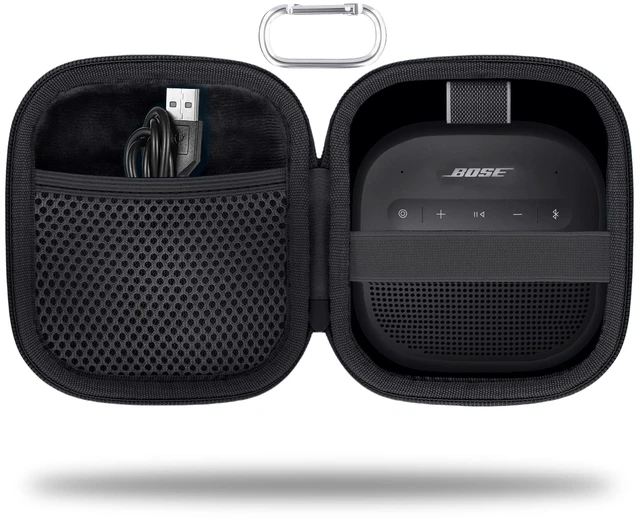 Main image of for Bose New SoundLink Micro 2nd Gen Speaker Protective Case, Black EVA Hard Shell, Soft Velvet Lining, Durable Wrist Strap, Portable Travel Bag with Carabiner, Mesh Accessory Pocket
