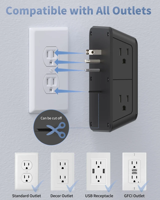 Alt view image 6 of 7 - Outlet Extender, Surge Protector, 3-Sided Night Light Power Strip,ETL 6 AC Outlets, 4 USB (2 USB-C), Dusk to Dawn Sensor, Wide Spaced Multi Plug Outlet, 1050J, 1875W, for Home Office Dorm, Black