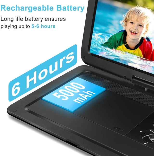 Alt view image 3 of 7 - 19.6" Portable DVD Player 17.1" Swivel HD Screen, 5000mAh 5-6 Hours Playback, USB/SD Card, Sync TV, Region-Free, Powerful Dual Speakers, for Home Theater, Black