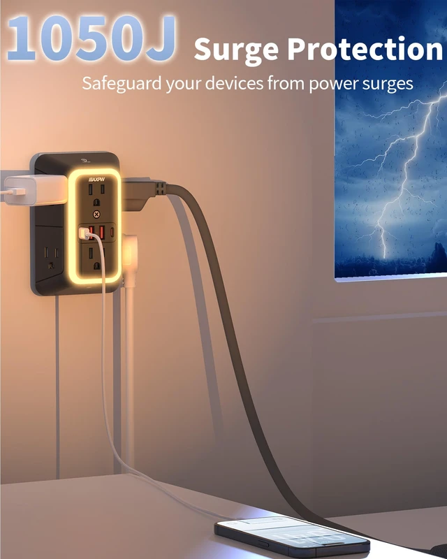 Alt view image 7 of 7 - Outlet Extender, Surge Protector, 3-Sided Night Light Power Strip,ETL 6 AC Outlets, 4 USB (2 USB-C), Dusk to Dawn Sensor, Wide Spaced Multi Plug Outlet, 1050J, 1875W, for Home Office Dorm, Black