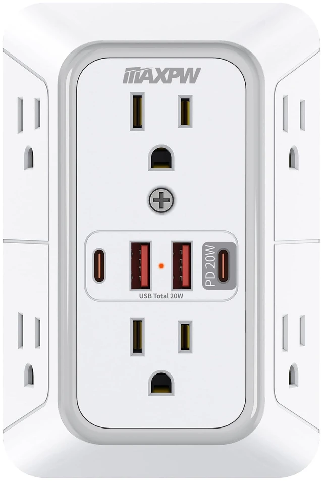 Main image of Surge Protector Outlet Extender, 6 Outlet 4 USB Ports(USB-C PD 20W) 3-Sided Multi Plug Wall Outlet, Fast Charging, 1050J, Wide Spaced Power Strip, 1875W, ETL Listed for Home Office Dorm, White