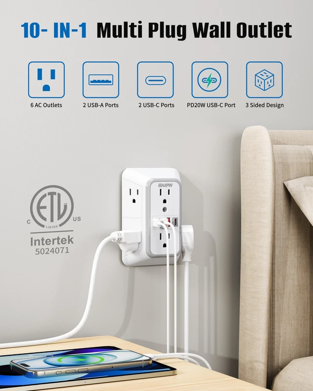 Alt view image 2 of 7 - Surge Protector Outlet Extender, 6 Outlet 4 USB Ports(USB-C PD 20W) 3-Sided Multi Plug Wall Outlet, Fast Charging, 1050J, Wide Spaced Power Strip, 1875W, ETL Listed for Home Office Dorm, White