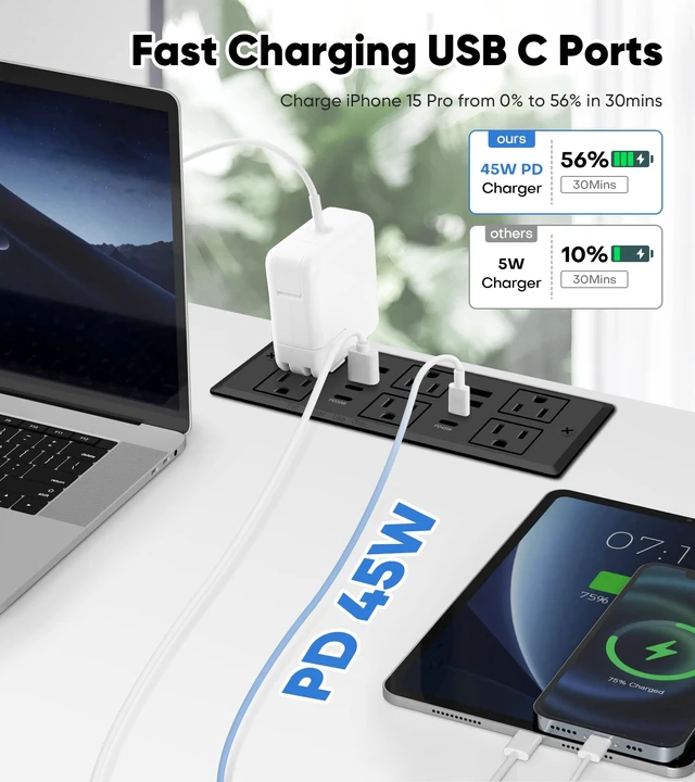 Alt view image 3 of 7 - 45W Recessed Power Strip, Flush Mount, 6AC Outlet, 8USB Ports, 1200J 6FT 45° Flat Plug Cord, Furniture Hidden Charger Station, Recessed Outlet, Desk Drawer, Home Office, Black, ETL Listed