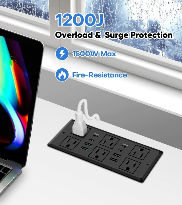 Alt view image 4 of 7 - 45W Recessed Power Strip, Flush Mount, 6AC Outlet, 8USB Ports, 1200J 6FT 45° Flat Plug Cord, Furniture Hidden Charger Station, Recessed Outlet, Desk Drawer, Home Office, Black, ETL Listed
