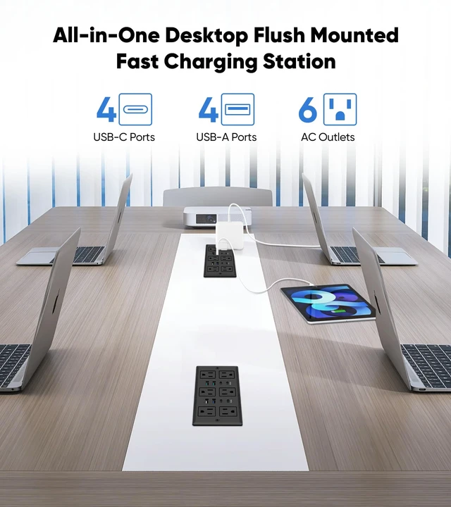 Alt view image 2 of 7 - 45W Recessed Power Strip, Flush Mount, 6AC Outlet, 8USB Ports, 1200J 6FT 45° Flat Plug Cord, Furniture Hidden Charger Station, Recessed Outlet, Desk Drawer, Home Office, Black, ETL Listed