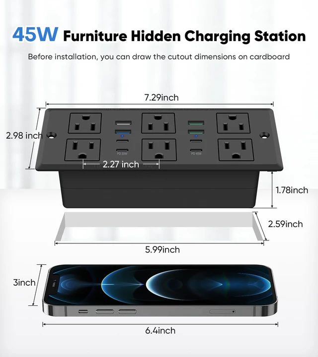Alt view image 7 of 7 - 45W Recessed Power Strip, Flush Mount, 6AC Outlet, 8USB Ports, 1200J 6FT 45° Flat Plug Cord, Furniture Hidden Charger Station, Recessed Outlet, Desk Drawer, Home Office, Black, ETL Listed