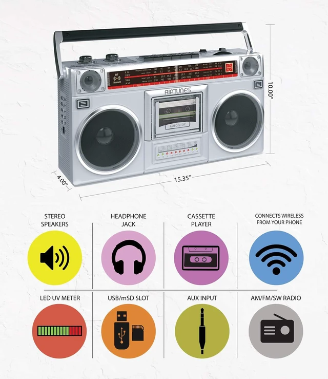 Alt view image 2 of 7 - Boombox Radio Cassette Player Recorder, AM/FM -SW1/SW2 Radio, Wireless Streaming, USB/Micro SD Slots, Aux in, Headphone Jack, Convert Cassettes to USB/SD, Classic 80s Style Retro, Silver