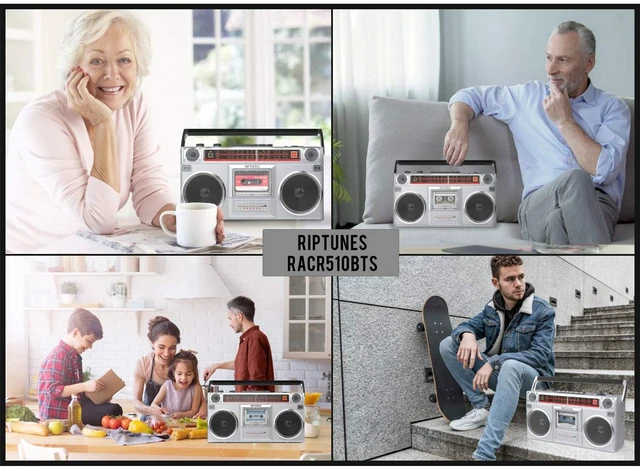 Alt view image 6 of 7 - Boombox Radio Cassette Player Recorder, AM/FM -SW1/SW2 Radio, Wireless Streaming, USB/Micro SD Slots, Aux in, Headphone Jack, Convert Cassettes to USB/SD, Classic 80s Style Retro, Silver