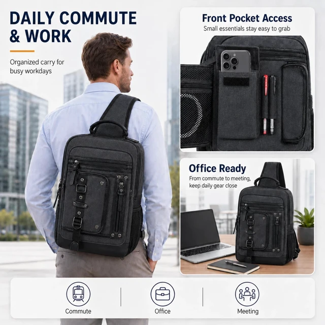 Alt view image 3 of 7 - Cross Body Bag for Men: Large Canvas Sling Backpack Messenger Bag Fits 15.6 Inch Laptop for Work Commute