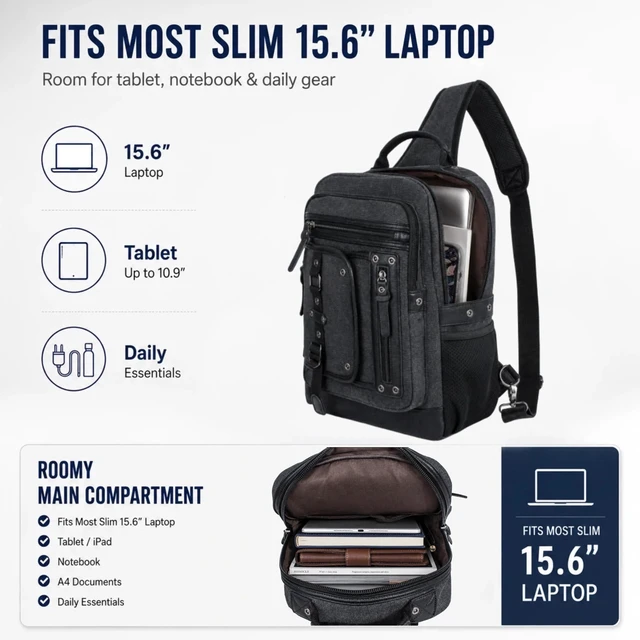 Alt view image 4 of 7 - Cross Body Bag for Men: Large Canvas Sling Backpack Messenger Bag Fits 15.6 Inch Laptop for Work Commute