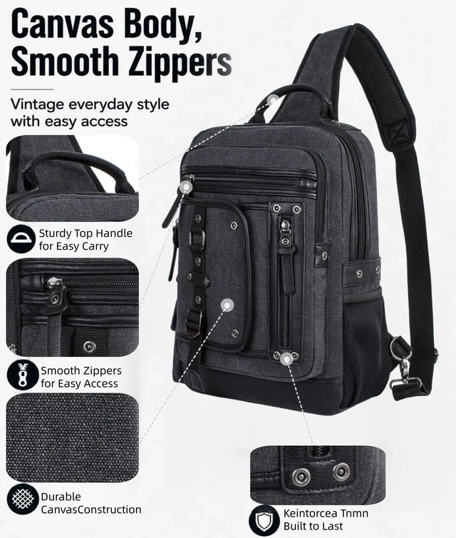 Alt view image 6 of 7 - Cross Body Bag for Men: Large Canvas Sling Backpack Messenger Bag Fits 15.6 Inch Laptop for Work Commute