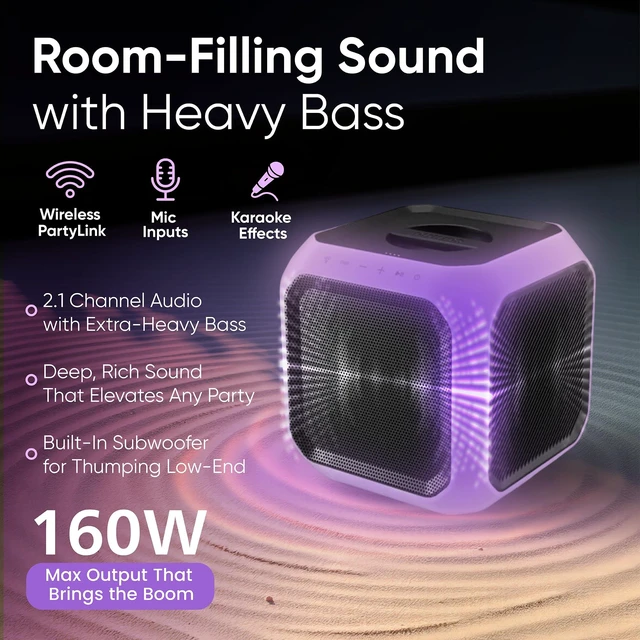 Alt view image 2 of 7 - X7207 Bluetooth Party Speaker,160W Wireless Cube Speaker with Powerful Sound and Deep Bass, Supports USB/AUX/TWS, Mic Input and Vibrant 360° Party Lights for an Immersive Experience