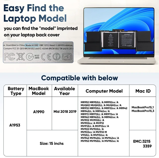 Alt view image 2 of 7 - A1990 A1953 Battery Replacement for MacBook Pro 15" A1990 (Mid 2018 2019) EMC 3215 3359 MV902LL/A MV912LL/A MV922LL/A MV932LL/A MV942LL/A MV952LL/A MR962LL/A MV962LL/A MV972LL/A MV902B/A