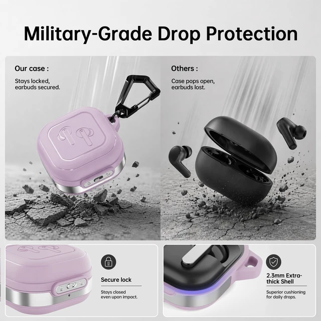 Alt view image 5 of 7 - for Galaxy Buds 4 Pro Case & Galaxy Buds 4 Case (2026), Muted Lilac Secure Lock Case with Keychain, Full-Body Shockproof Armor Protective Cover