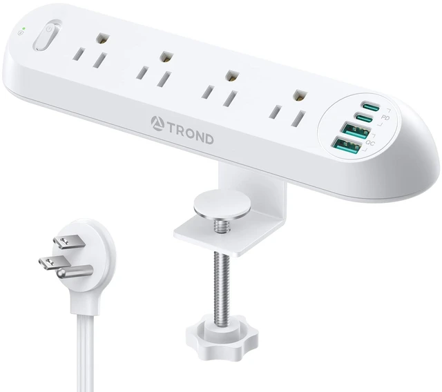 Main image of Desk Clamp Power Strip 20W USB C, 6ft Cord, 1700J, ETL Listed Surge Protector with 4 Outlets 4 USB Ports, Flat Plug, Fits 1.97 inch Tabletop Edge, for Home Office Accessories, White