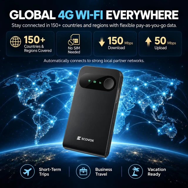 Alt view image 2 of 7 - ECOVOX E1 Portable 4G LTE WiFi Hotspot, SIM-Free Mobile Router, Cloud SIM | Global Network Accessible, 3000mAh Capacity, Connects Up to 9 Devices, WPA2 Security, for Travel & Business Trip