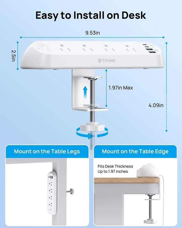 Alt view image 3 of 7 - Desk Clamp Power Strip 20W USB C, 6ft Cord, 1700J, ETL Listed Surge Protector with 4 Outlets 4 USB Ports, Flat Plug, Fits 1.97 inch Tabletop Edge, for Home Office Accessories, White