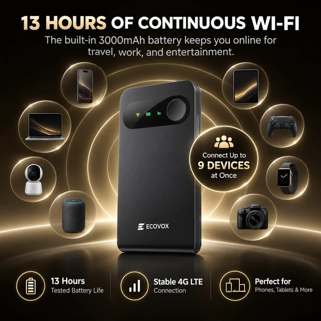 Alt view image 5 of 7 - ECOVOX E1 Portable 4G LTE WiFi Hotspot, SIM-Free Mobile Router, Cloud SIM | Global Network Accessible, 3000mAh Capacity, Connects Up to 9 Devices, WPA2 Security, for Travel & Business Trip