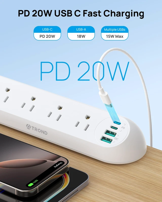 Alt view image 5 of 7 - Desk Clamp Power Strip 20W USB C, 6ft Cord, 1700J, ETL Listed Surge Protector with 4 Outlets 4 USB Ports, Flat Plug, Fits 1.97 inch Tabletop Edge, for Home Office Accessories, White