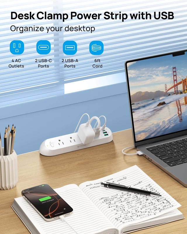 Alt view image 2 of 7 - Desk Clamp Power Strip 20W USB C, 6ft Cord, 1700J, ETL Listed Surge Protector with 4 Outlets 4 USB Ports, Flat Plug, Fits 1.97 inch Tabletop Edge, for Home Office Accessories, White