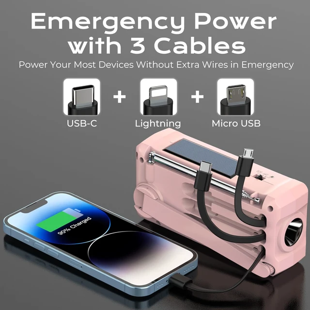 Alt view image 2 of 6 - J-366 Emergency Radio with 3 Charging Cables, NOAA Weather Alert 7400mWh/Solar/Hand Crank/USB-C Charging, Battery Operated, WB/AM/FM, SOS Alarm, Flashlight, Compact for Bag, NOAA Radio