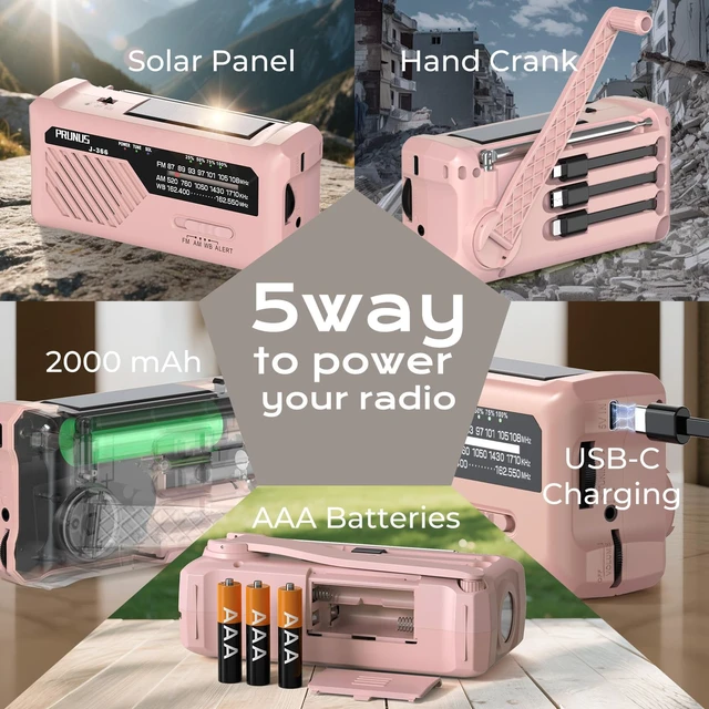 Alt view image 4 of 6 - J-366 Emergency Radio with 3 Charging Cables, NOAA Weather Alert 7400mWh/Solar/Hand Crank/USB-C Charging, Battery Operated, WB/AM/FM, SOS Alarm, Flashlight, Compact for Bag, NOAA Radio
