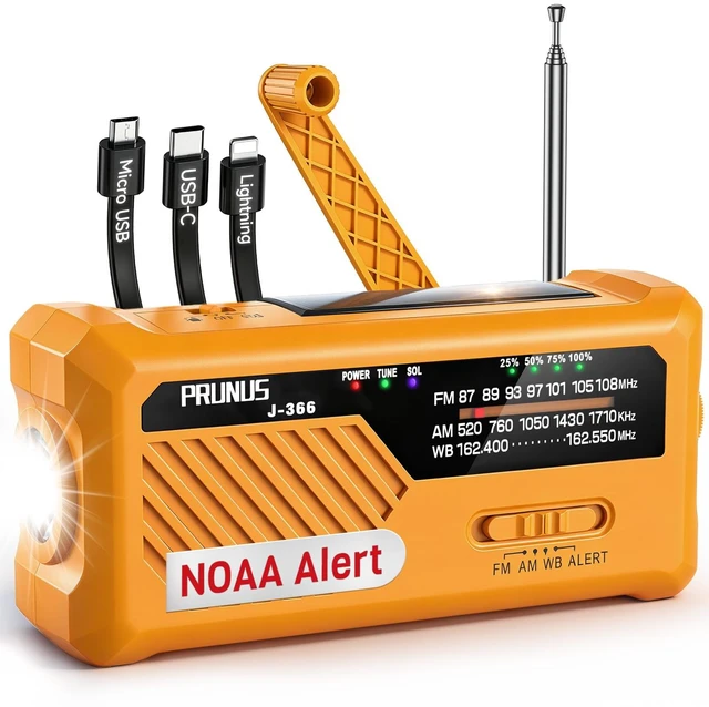 Main image of J-366 Emergency Radio with 3 Charging Cables, NOAA Weather Alert 7400mWh/Solar/Hand Crank/USB-C Charging, Battery Operated, WB/AM/FM, SOS Alarm, Flashlight, Compact for Bag, NOAA Radio