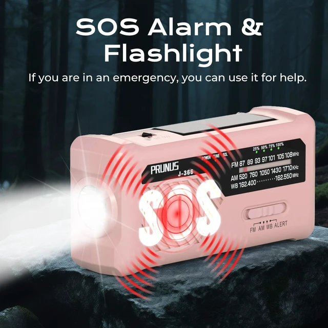 Alt view image 6 of 6 - J-366 Emergency Radio with 3 Charging Cables, NOAA Weather Alert 7400mWh/Solar/Hand Crank/USB-C Charging, Battery Operated, WB/AM/FM, SOS Alarm, Flashlight, Compact for Bag, NOAA Radio