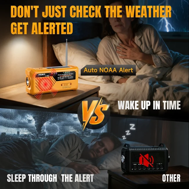 Alt view image 3 of 7 - J-366 Emergency Radio with 3 Charging Cables, NOAA Weather Alert 7400mWh/Solar/Hand Crank/USB-C Charging, Battery Operated, WB/AM/FM, SOS Alarm, Flashlight, Compact for Bag, NOAA Radio