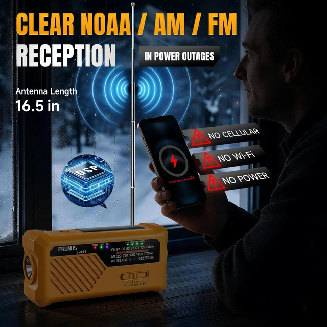 Alt view image 4 of 7 - J-366 Emergency Radio with 3 Charging Cables, NOAA Weather Alert 7400mWh/Solar/Hand Crank/USB-C Charging, Battery Operated, WB/AM/FM, SOS Alarm, Flashlight, Compact for Bag, NOAA Radio