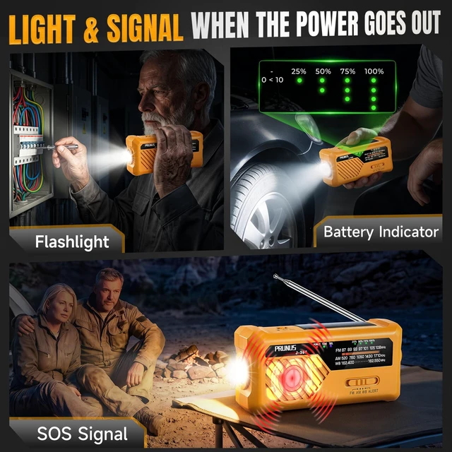 Alt view image 7 of 7 - J-366 Emergency Radio with 3 Charging Cables, NOAA Weather Alert 7400mWh/Solar/Hand Crank/USB-C Charging, Battery Operated, WB/AM/FM, SOS Alarm, Flashlight, Compact for Bag, NOAA Radio