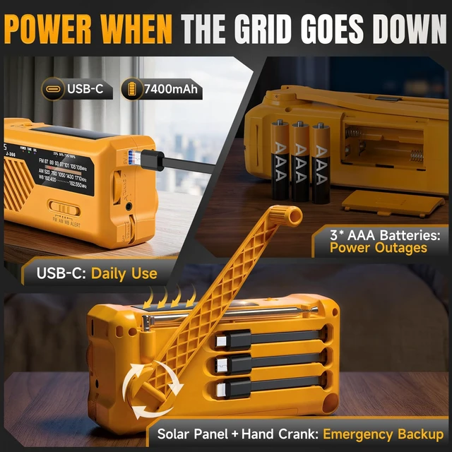Alt view image 5 of 7 - J-366 Emergency Radio with 3 Charging Cables, NOAA Weather Alert 7400mWh/Solar/Hand Crank/USB-C Charging, Battery Operated, WB/AM/FM, SOS Alarm, Flashlight, Compact for Bag, NOAA Radio