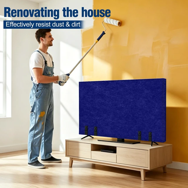Alt view image 6 of 7 - 60"65" TV Cover for Moving, Thick Felt Dust Anti-Scratch, Blue TV Screen Cover with Bottom Strap for TV Moving, Home Renovation & Pet Scratch or Other Furniture