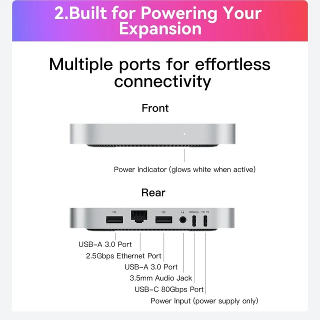 Alt view image 5 of 7 - Mate Mini-B for Mac mini M4 Dock,80Gbps Aluminum Alloy Stand with M.2 PCle SSD Solt (up to 8TB), USB-C*1USB-A 3.0 * 22.5G LAN*1SD4.0 * 1Type-C(PD3.0)*1, Computer Peripheral Devices