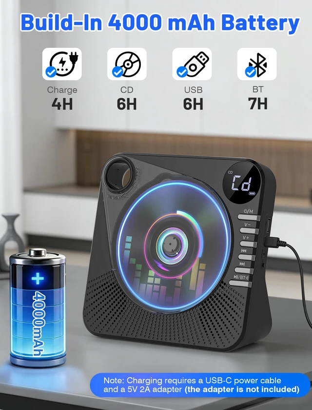 Alt view image 3 of 7 - 4000mAh Recheageable Portable CD Player with Speakers Bluetooth/AUX/USB Desktop CD Players for Home, CD Music Player with Remote Control,LCD Display,Headphone Jack,Sleep Timer,EQ Sound,A-B Repeat