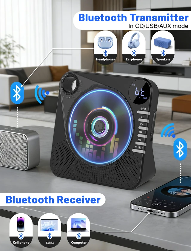 Alt view image 4 of 7 - 4000mAh Recheageable Portable CD Player with Speakers Bluetooth/AUX/USB Desktop CD Players for Home, CD Music Player with Remote Control,LCD Display,Headphone Jack,Sleep Timer,EQ Sound,A-B Repeat