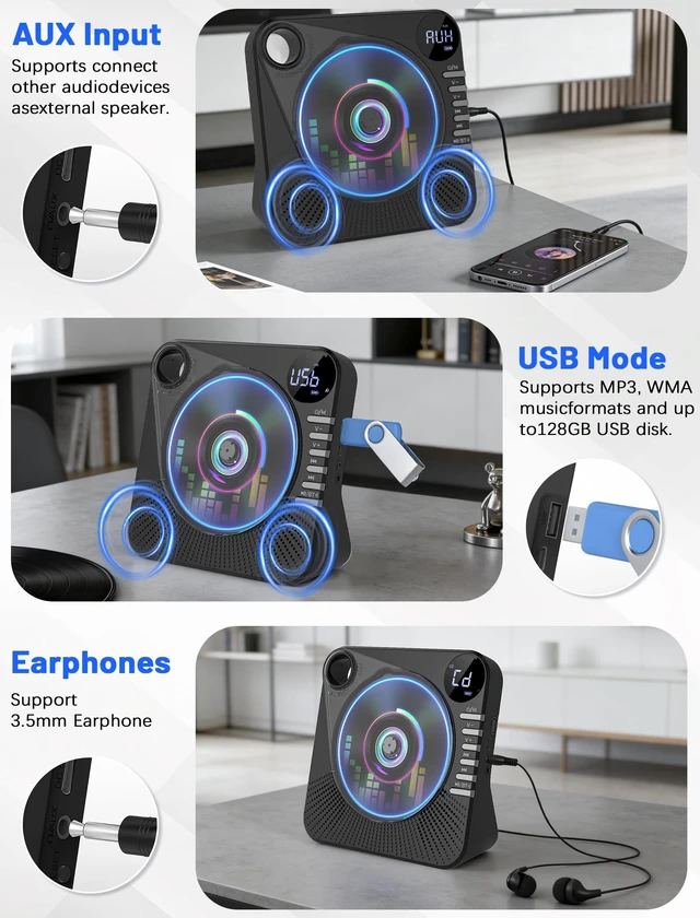 Alt view image 5 of 7 - 4000mAh Recheageable Portable CD Player with Speakers Bluetooth/AUX/USB Desktop CD Players for Home, CD Music Player with Remote Control,LCD Display,Headphone Jack,Sleep Timer,EQ Sound,A-B Repeat
