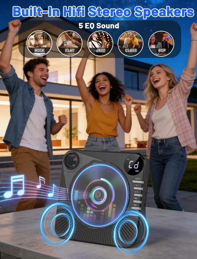 Alt view image 6 of 7 - 4000mAh Recheageable Portable CD Player with Speakers Bluetooth/AUX/USB Desktop CD Players for Home, CD Music Player with Remote Control,LCD Display,Headphone Jack,Sleep Timer,EQ Sound,A-B Repeat