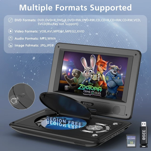 Alt view image 2 of 6 - 11.5" Portable DVD Player for Kids and Car, 9.5" Swivel HD Screen with 4-6 Hours Built-in Battery, Support Sync Screen to TV, Support SD Card/USB/Multiple Disc Formats (Black)