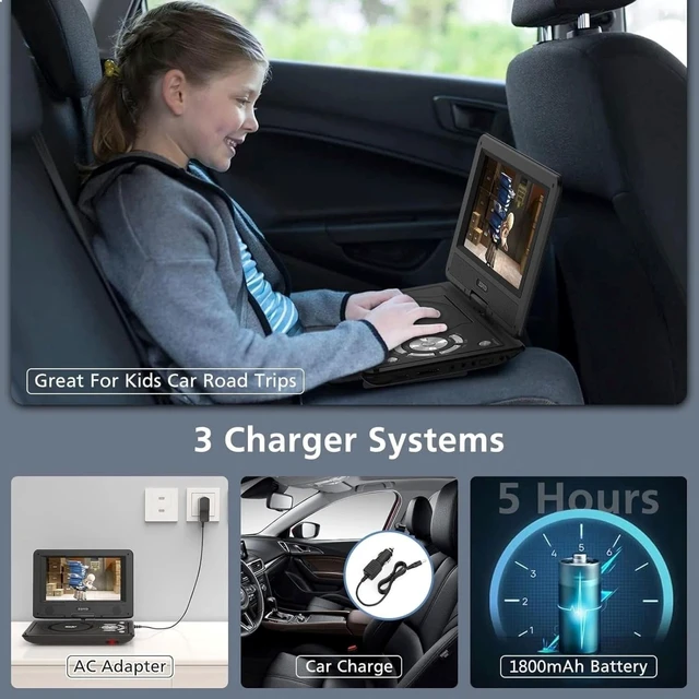 Alt view image 3 of 6 - 11.5" Portable DVD Player for Kids and Car, 9.5" Swivel HD Screen with 4-6 Hours Built-in Battery, Support Sync Screen to TV, Support SD Card/USB/Multiple Disc Formats (Black)