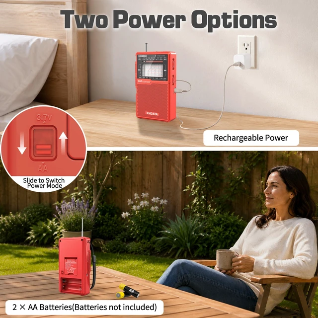 Alt view image 3 of 7 - D226 Radios Portable AM FM Shortwave, USB C & Battery Powered, Red Easy-Read Large Dial Reliable Reception, Built-In Flashlight Rear Stand & 3.5mm Headphone Jack for Home or Outdoor Use