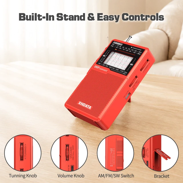 Alt view image 7 of 7 - D226 Radios Portable AM FM Shortwave, USB C & Battery Powered, Red Easy-Read Large Dial Reliable Reception, Built-In Flashlight Rear Stand & 3.5mm Headphone Jack for Home or Outdoor Use