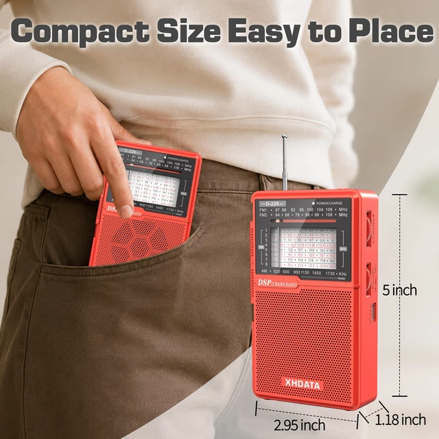 Alt view image 5 of 7 - D226 Radios Portable AM FM Shortwave, USB C & Battery Powered, Red Easy-Read Large Dial Reliable Reception, Built-In Flashlight Rear Stand & 3.5mm Headphone Jack for Home or Outdoor Use