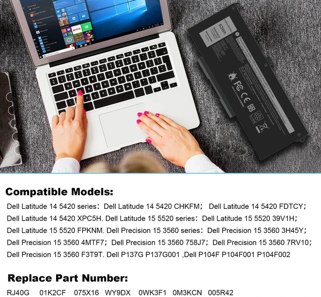 Alt view image 6 of 7 - RJ40G Laptop Battery Replacement for Dell Latitude 14 5420 Latitude 15 5520 Precision 15 3560 Series 01K2CF 075X16 WY9DX P137G P137G001 P104F P104F001 0WK3F1 0M3KCN 005R42 15.2V