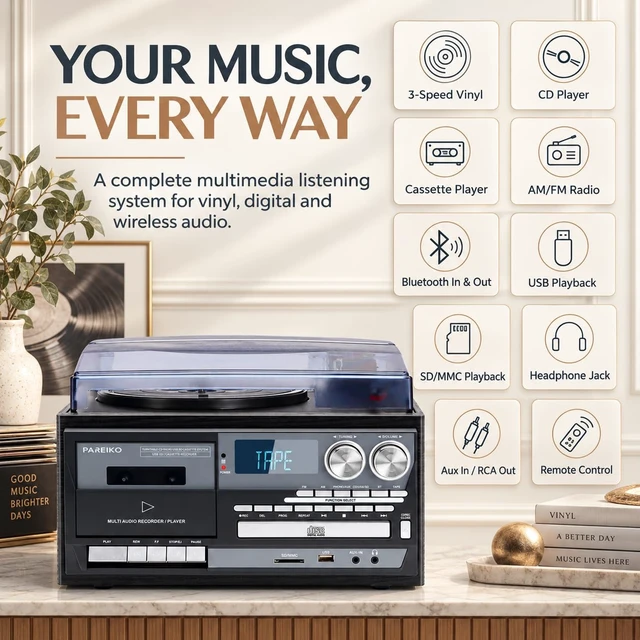 Alt view image 2 of 7 - Vintage-Inspired 9-in-1 Record Player Where Timeless Vinyl Meets Modern Wireless Freedom: Bluetooth Input & Output, 3-Speed Turntable, CD, Cassette, USB/SD, AM/FM Radio and Built-in Speakers